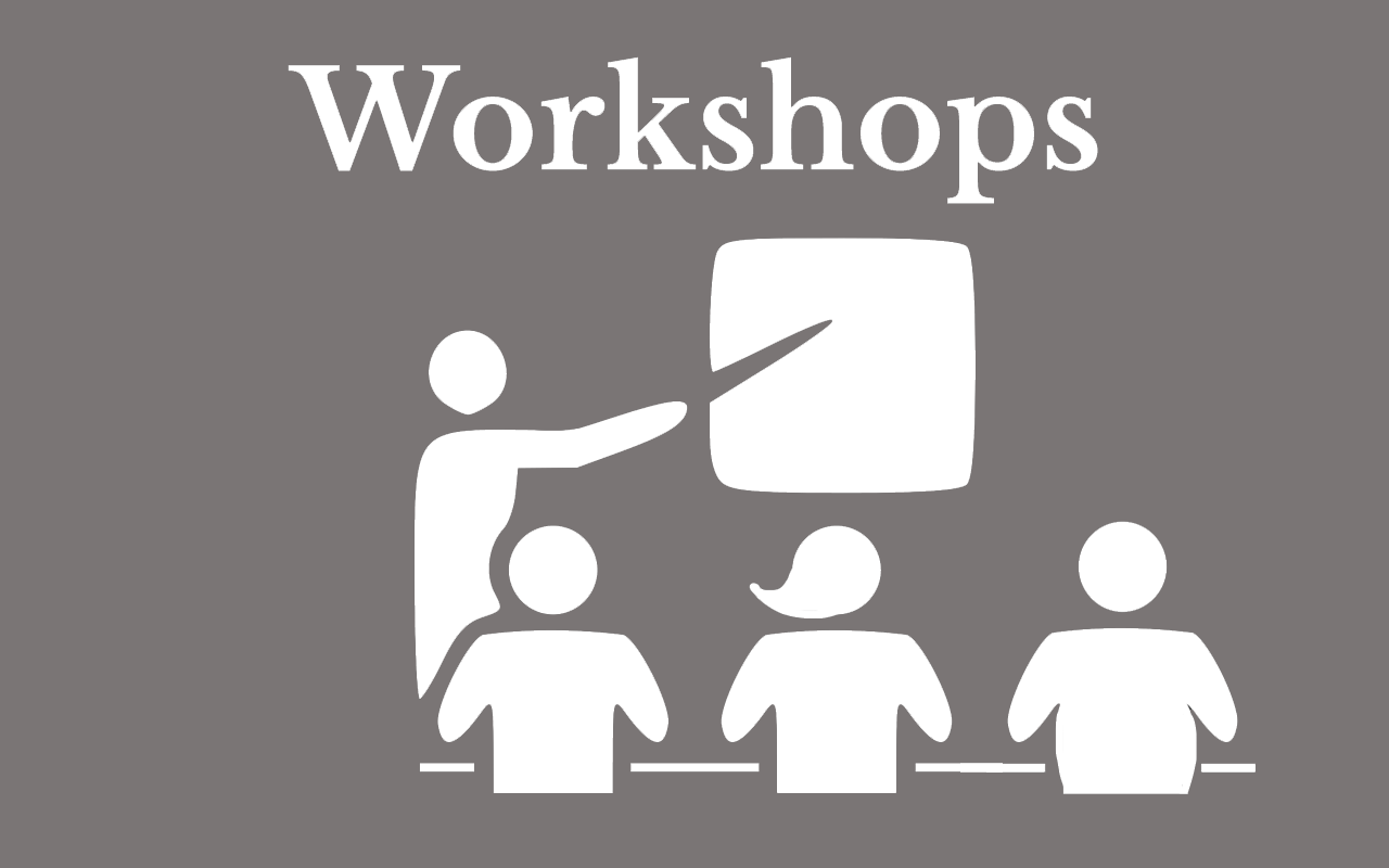 "Workshops." Wide shot. Simplified grey and dark grey illustration of a featureless person with a round head standing and pointing to a screen with a long pointer while three members of an audience look on: someone with a round head,someone with a bob haircut, and someone on the larger side.